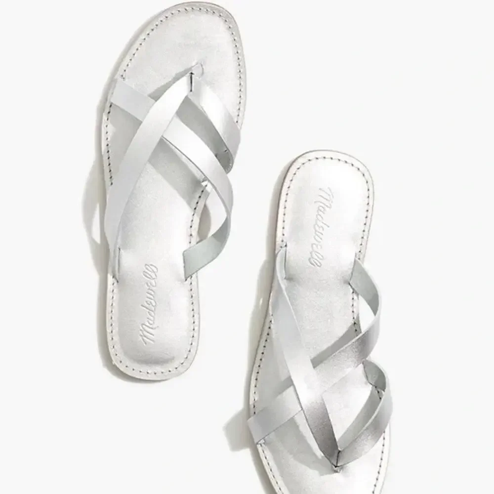 Madewell Metallic Silver Cross-Strap Slide Sandals